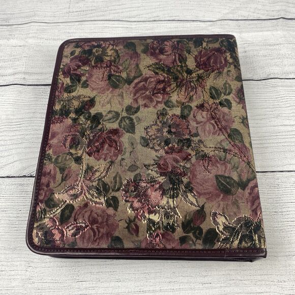 Planner Binder Zip Around Burgundy Gold Floral Fabric Cover 7 Ring 8.5"x10" - Picture 2 of 7